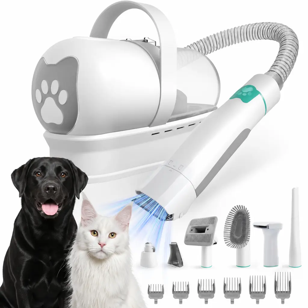 Pet Grooming Kit 7-in-1, Dog Hair Vacuum Groomer with Deshedding Brush, Hair Removal Mitts, Rollers & Paw Trimmer for Cat & Dog