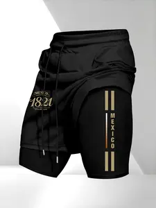 Men's Drawstring Pocket Waistband Shorts, Mexican Emblem Print, Comfortable Breathable Fabric, Durable Material, Perfect Gift