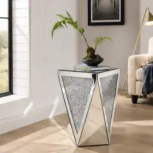 ARCH Silver Mirrored Coffee Table with Crystal Diamond Inlay, Square Glass Side Table for Living Room, Bedroom, Sofa Side, Corner, Hallway, Freestanding MDF+Glass, 13.8x13.8x23.6 Inches, Silver Color Options, MDF+glass Material, American Design Style