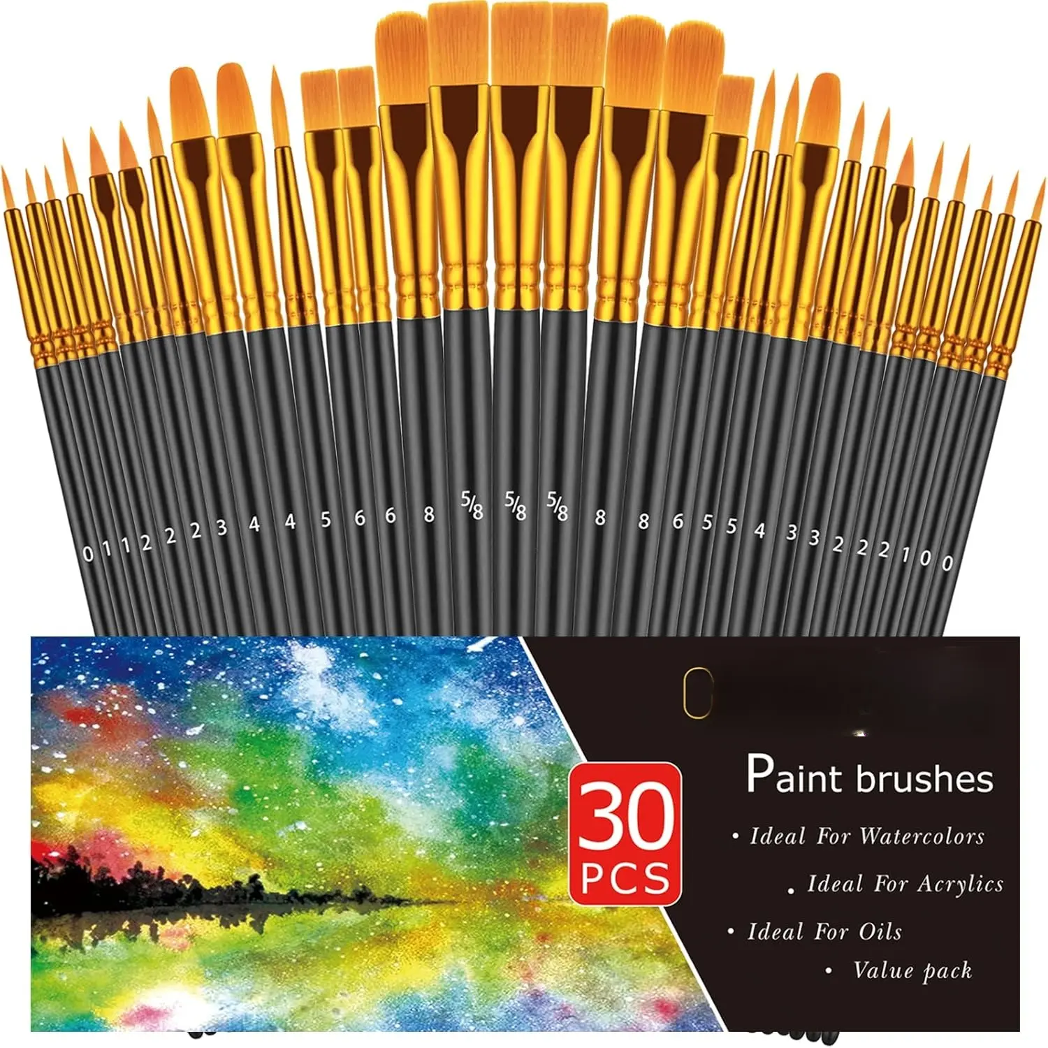 Brushes Set, 30 count  Brushes for  Painting, Oil Watercolor   Brush, Artist Paintbrushes for   Rock Canvas,  Adult Drawing Arts Crafts Supplies, Black
