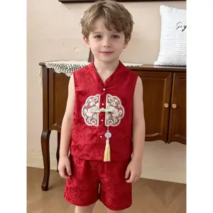 New Summer Embroidered Children's Tang Suit Sets for Boys and Girls 2pcs Hanfu Vest 100% Polyester Preppy Style Regular Fit Over 3 Years Old