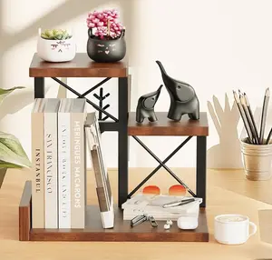 Desk Shelf Organizer, Wooden Desktop Organizers, 3 Tier Desk Hutch Small Bookshelf, Nightstand Organizer, Riser Display Stand for Office, Dorm, Home (Brown)