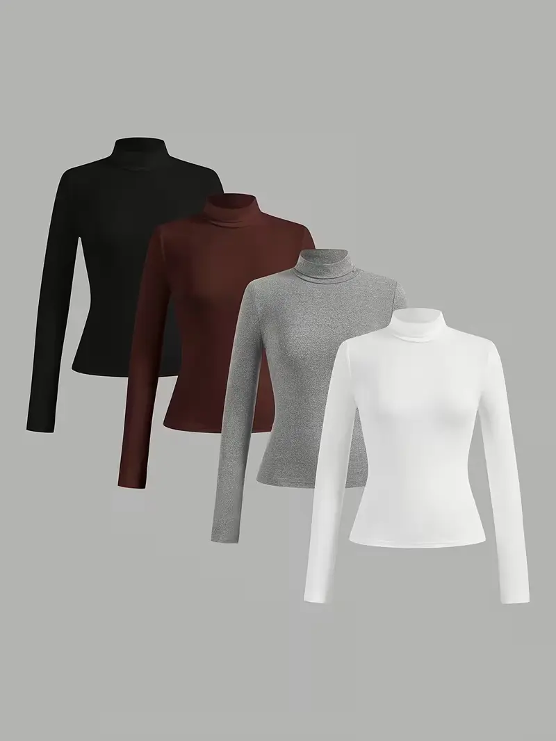 4-piece women's high-neck long-sleeved T-shirt set, solid color slim fit base layer top, autumn and winter casual high-elasticity warm inner layer top.