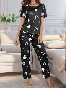 Women's Short Sleeve Long Pants Set Sleepwear, Loungewear, Casual Round Neck Heart Love Pjs Pyjamas Womenswear Lady Everyday Homewear for Spring Summer, Comfortable Home Wear