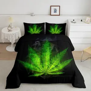 Marijuana Weed Comforter Set,Adult Cannabis Leaves Bedding Set,Exotic Leaves Rustic Down Comforter,Women Maple Leaf Quilted Duvet Bedroom Decor, Decorative Bedding Set, Microfiber Bedding Set