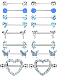 8 Pairs 14G Nipple Bars Steel Nipple Piercing Set CZ Butterfly Nipple Rings Barbell Rings Ball Heart Nipple Bar Tongue Bar Nipple Piercing Jewellery Body Piercing for Women
