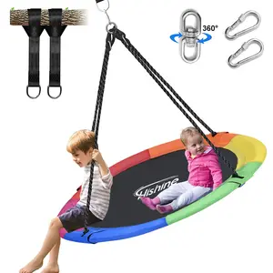 43" Saucer Tree Swing for Kids, 360° Rotate Waterproof Flying Saucer with Swivel, Hanging Straps, Adjustable Ropes, Round Mat Spinner Swing Set