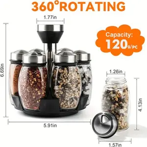 Rotating Spice Rack, 6 Jars Seasoning Organizer Holder 360° Rotating Rack Tower Set 6 Glass Spice Refill Containers Counter Top Kitchen Cooking，3pcs Glass Kitchen Storage Jars with Automatic Closing Lids & Spoon Bpa Utensils spray bottle