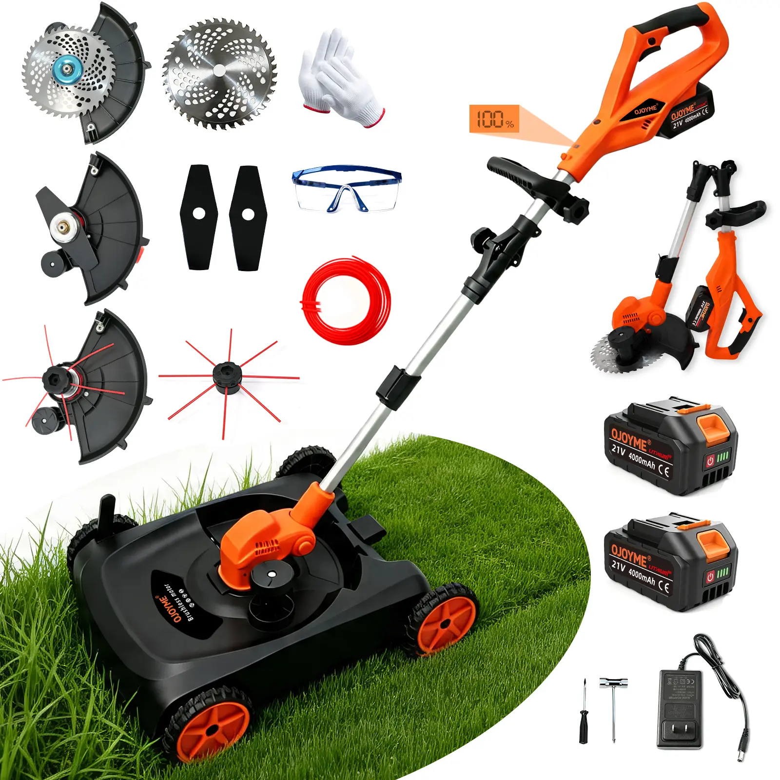 OJOYME 21V Model Multi-Use Cordless Lawn Mower - 3-in-1 Compact Efficient Brushless Motor Tool with Wheels for Maneuverability, 2 Batteries, Grass Trimmer Handle, Shrubbery/Hedge Trimmer for Homeowners’ Small-Medium Courtyards, Handheld Grass Trimmer