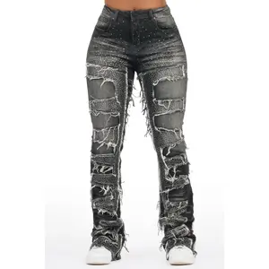 Zariyah Grey Wash Rhinestone Stacked Flare Jean