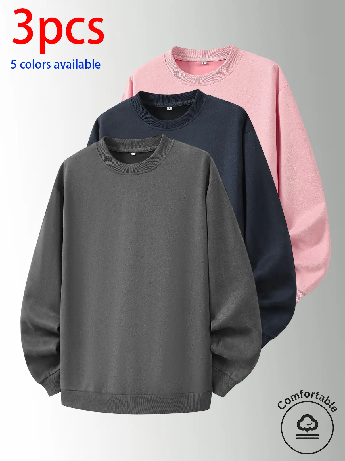 3-pack: men’s crewneck sweatshirt, men’s long-sleeve top, men’s pullover sweatshirt.Loose, comfortable fit; no print design; minimalist options available. Versatile for home, everyday casual wear, outdoor sports, campus, work, and commuting; suitable for