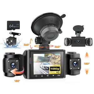 2.4" IPS 1080P+480P 4-Cam Dash Cam DVR, 3-Display HD Car Recorder with Front/Left/Right/Rear Cameras, Reverse Assist, Motion Detection, Loop Record, Night Vision, 64GB TF Support, Multi-Language Options