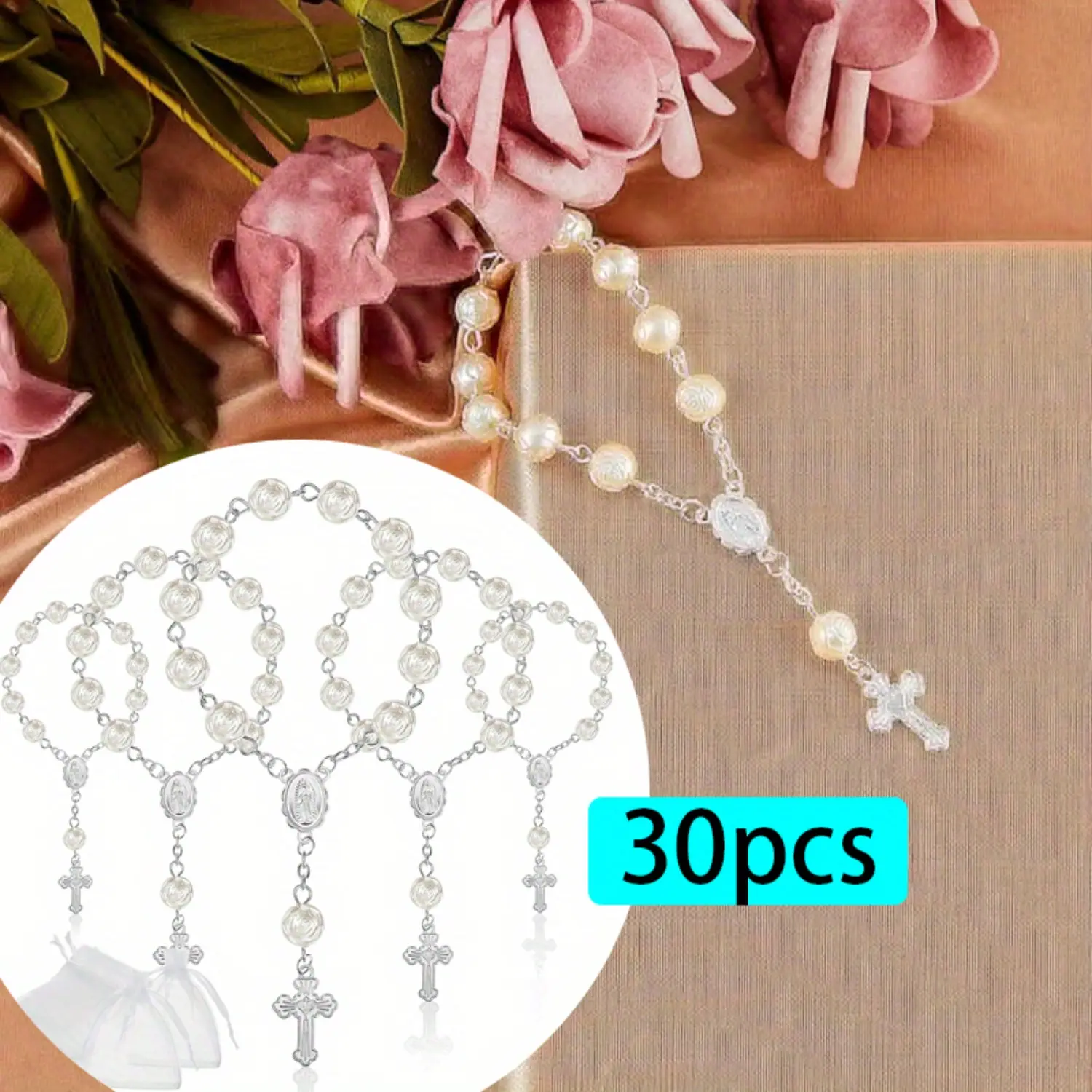 30 Packs Mini Rosaries Baptism Rosary Beads Acrylic Ivory Color Finger Baptism Rosaries Faux Pearls with Organza Bags for Car Christening Weddings Party Favors