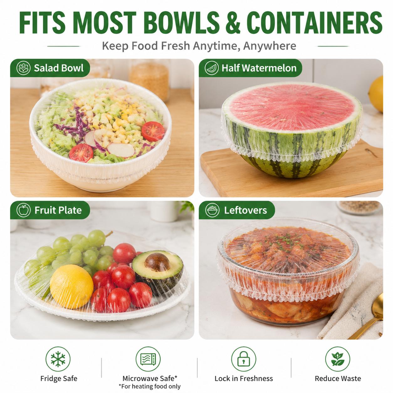 Stretch food covers used on different kitchen containers