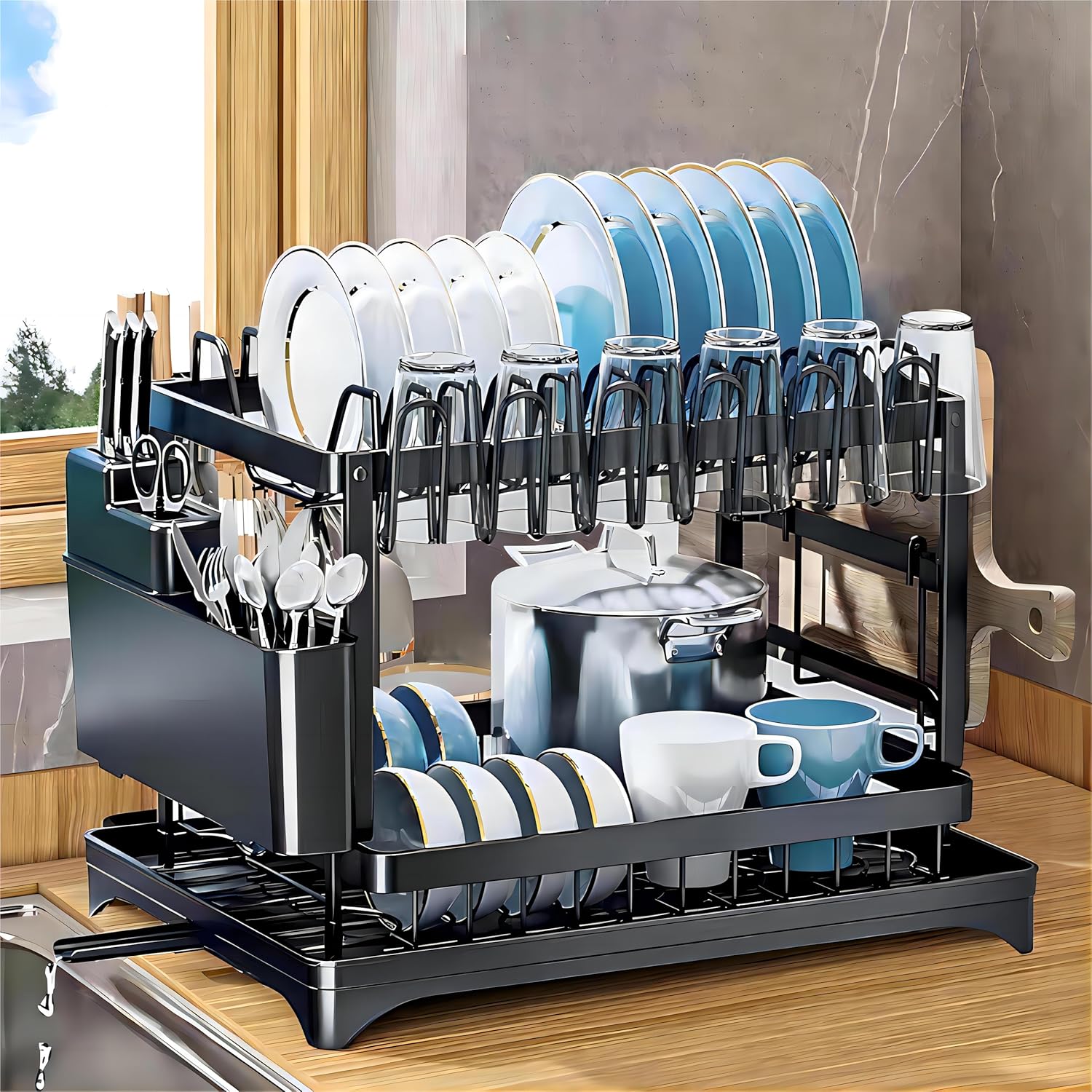 Dish Drying Rack 2 Tiers Kitchen Counter Metal Organizer Storage with Drainboard Drainers with Knife Cup Utensil Holder Space Saving Mother's day Gift
