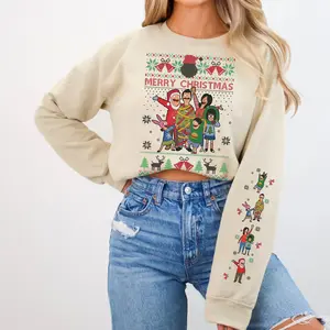 Sleeve Print- Bob'S Burgers Family Ugly Christmas Sweatshirt, Bob'S Burgers Merry Christmas Sweater, Christmas Movie Hoodie