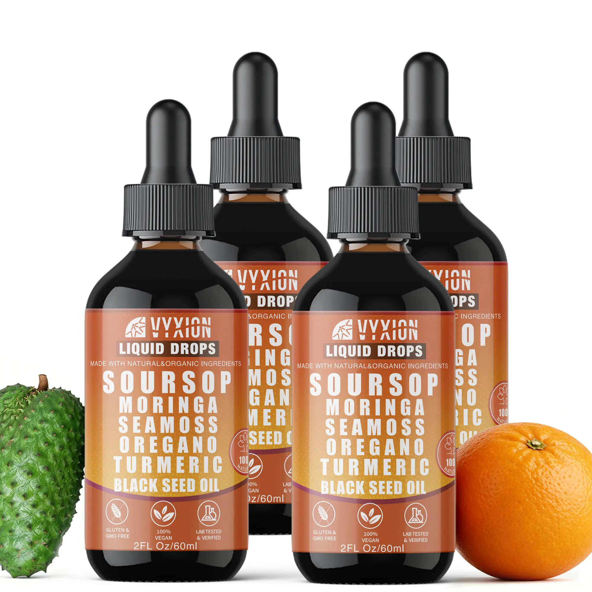 VYXION Orange Flavor Soursop Bitters Liquid Drops 10 in 1 with Sea Moss, Moringa, Turmeric, Black Seed Oil, Oregano, Ashwagandha | Herbal Extracts| 2 Fl OZ - 4 Packs