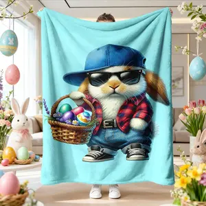 Easter Cool Bunny Theme Blanket, High-Weight Flannel Material, Soft and Warm, Perfect Gift for Kids and Easter Lovers, Versatile Throw for Sofa and Themed Decor, Easter Cool Rabbit Theme