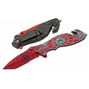 Supplies 8” Red Spider Web Assisted Open EDC Rescue Folding Knife
