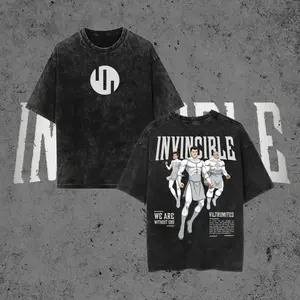 Oversized Retro Washed T-Shirt, Double-Sided "Invincible" Superhero Team Graphic, Unisex Casual Streetwear Tee for Men Women, Perfect for Outdoor & Daily Wear