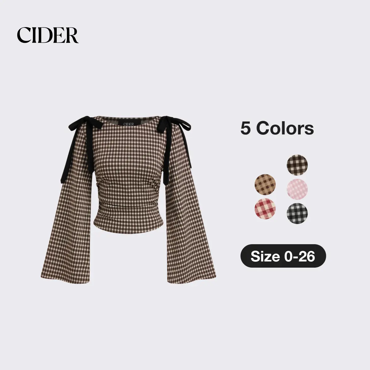 Cider Boat Neck Gingham Bowknot Ruched Long Sleeve Top SummerFinds