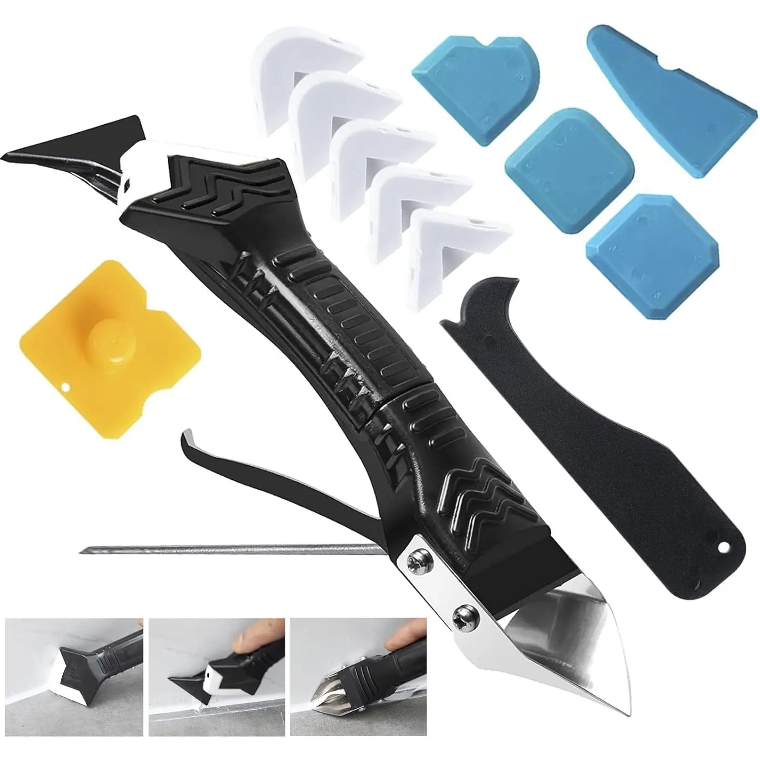 Caulking Tool, 5 in 1 Caulking Sealant Finishing Tool with Grout Scraper, 6 Exchange  Pads, Adhesive  Scraper Seam Repair Kit for Kitchen Bathroom (White)