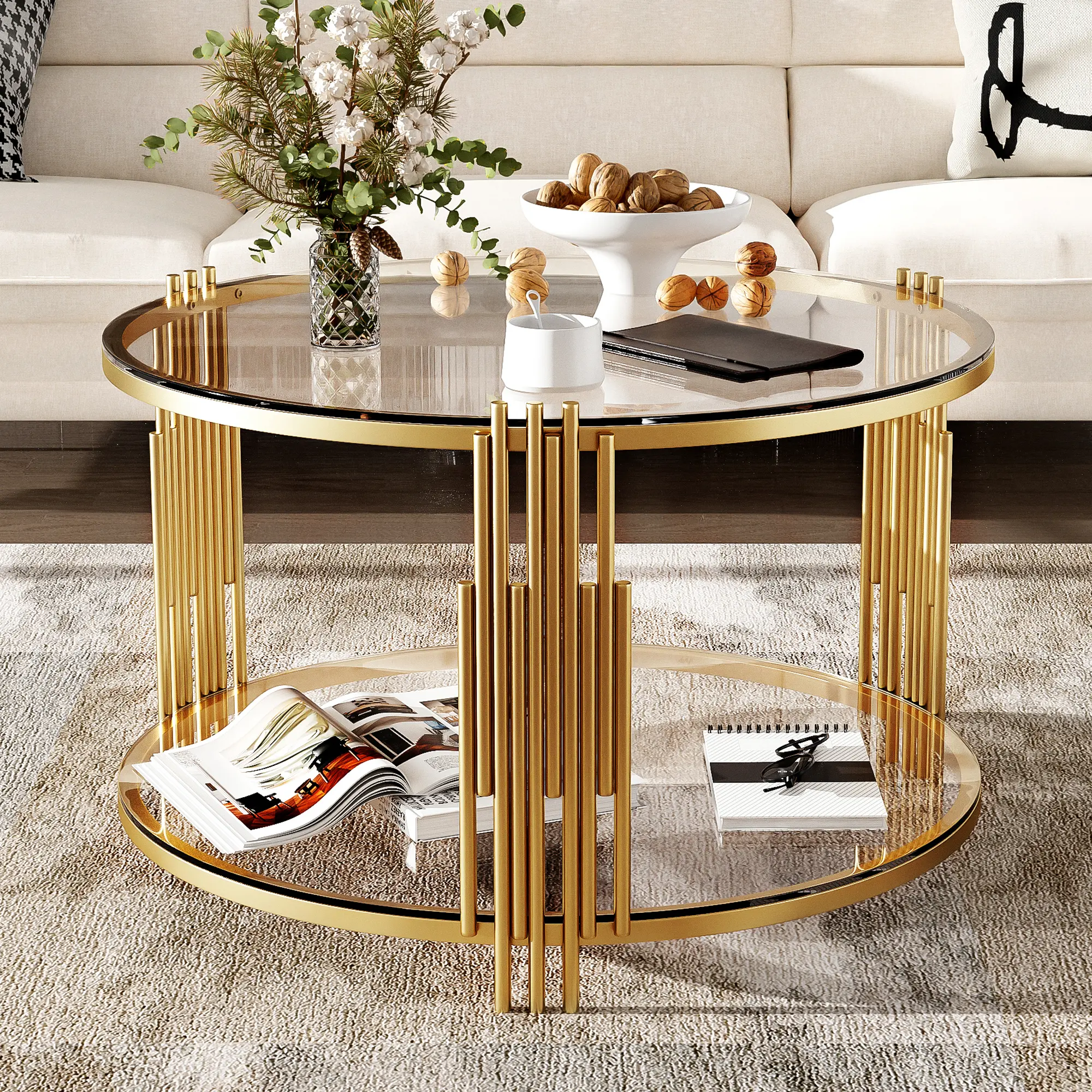 Contemporary Black Tempered Glass Mirror Coffee Table - Asymmetrical Metal Frame, Circular Gold-Finish Metal Drum Base, Lower Storage Shelf, Sturdy Transparent Room Decor Indoor Furniture Table