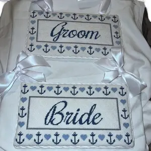 Bride and Groom Finished Needlepoint Wedding Signs - Decorative Sign with "Bride" & "Groom" Text, White Background, Elegant Design