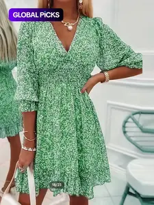 Women's French-Style Casual Ditsy Floral Print Shirred Ruffle-Hem Flounce-Sleeve Dress, Boho V-Neck A-Line Fitted Short Dress for Parties and Holidays, 2026 Women's Summer Clothes, Fashion Elegance