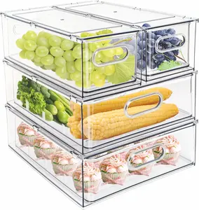 4 pack Stackable Refrigerator Organizer Bins Pull-Out Drawers for Fruit and Veggies Storage Organizer for Fridge Clear Drawer Containers with Handle Divided Organization for Produce Saver