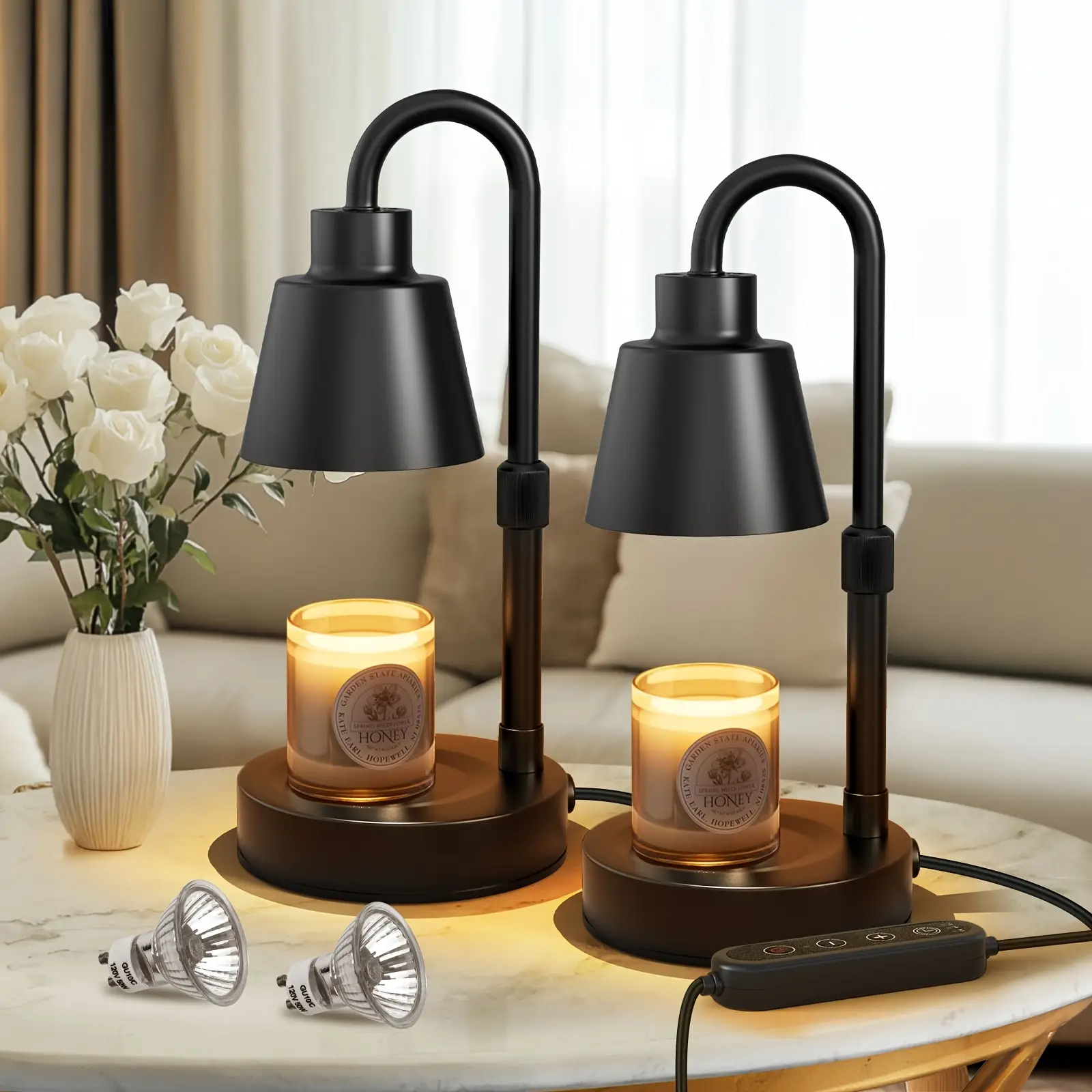 2 Pack Electric Candle Warmer Lamp Black With Timer, Wax Warmer Lamp Candle Warmer For Jar Candles, Adjustable Height Candle Light Warmer With 2 Bulbs