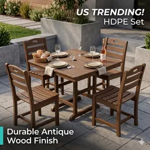 5 Piece Outdoor Patio Dining Set HDPE All Weather Wood Finish Square Table with Umbrella Hole and 4 Armless Chairs for Backyard Deck Porch Garden Outside Furniture Weatherproof Fade Resistant Durable Dining Set
