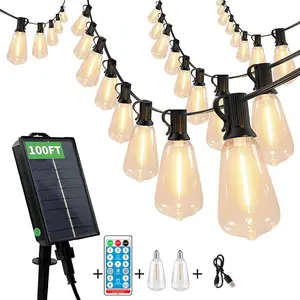 100ft Solar Powered Waterproof String Lights, 52 ST38 Edison Bulbs 8 Lighting Modes Dimmable Auto On/Off Design, 2500K Warm White No Electricity Needed for All Outdoor Spaces