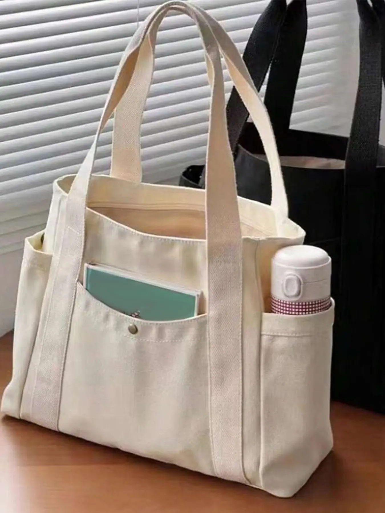 Commuting style large capacity practical texture tote bag, Casual trendy bag, multi pocket design, casual versatile shoulder bag, simple beige color matching, student party class/office commuting versatile item, Casual commuter bag, Daily commuter bag
