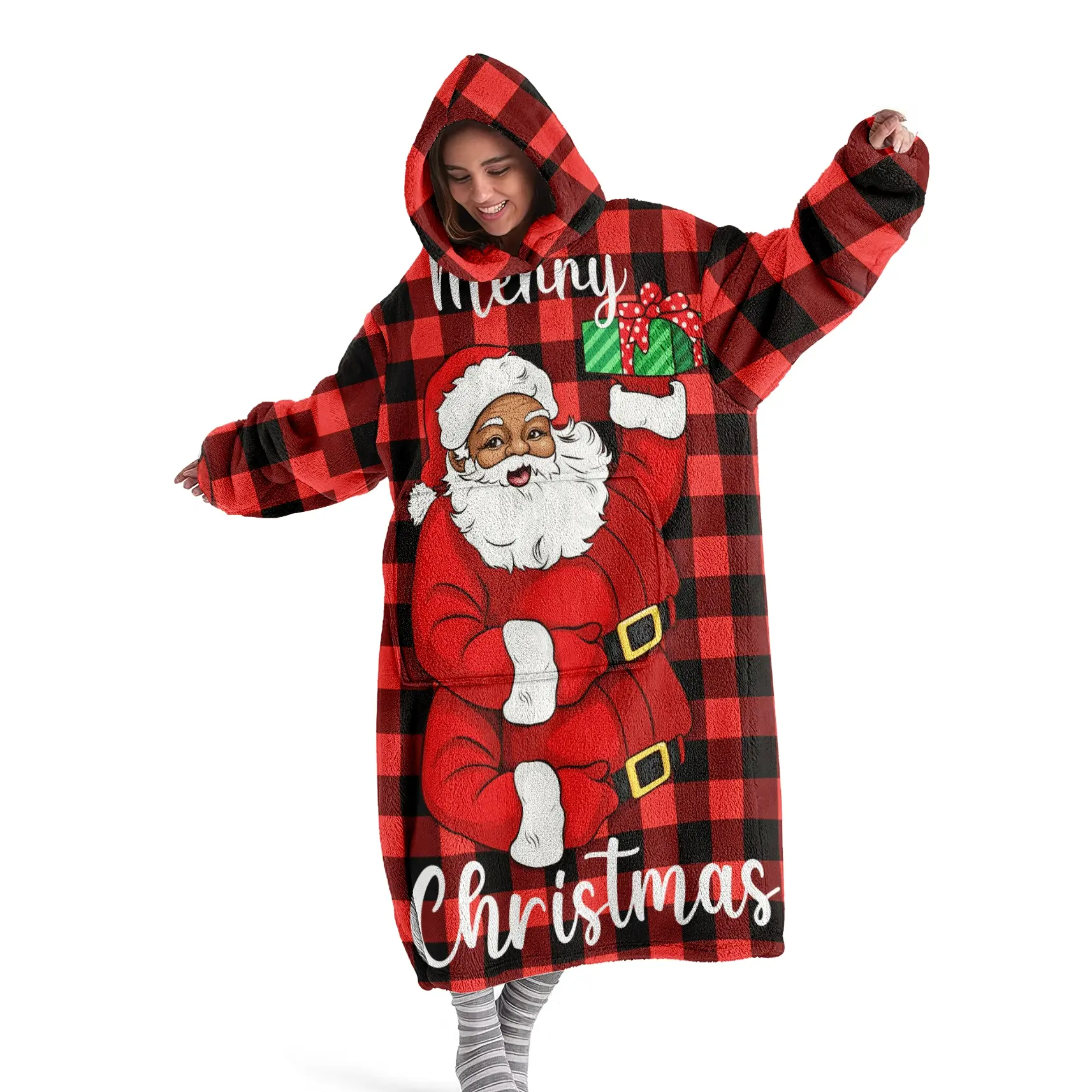hoodie blanket, Wearable Blanket, Hooded Blanket Wearable Plaid Santa Pattern Soft Comfortable Hoodie Blanket with Sleeves, Unisex Sleep Cover, Christmas Gift，Christmas Gift,Valentine's Day gift, All Season Blanket