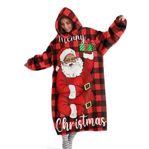 hoodie blanket, Wearable Blanket, Hooded Blanket Wearable Plaid Santa Pattern Soft Comfortable Hoodie Blanket with Sleeves, Unisex Sleep Cover, Christmas Gift，Christmas Gift,Valentine's Day gift, All Season Blanket