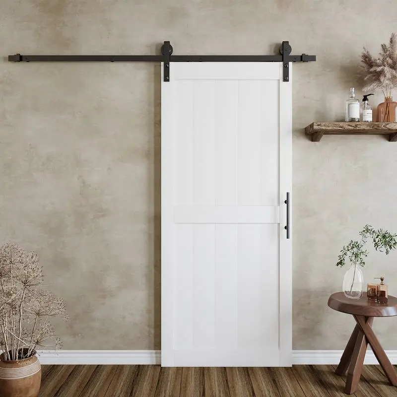 Classic Solid Core White H-Frame Sliding Barn Door, Pre-Finished PVC Surface, Pre-Drilled Holes, Hardware Kit with Handle & Floor Guides, Easy Install & Assembly, Installation Manual Included – Ideal for Bathrooms, Full Access Pantry Doors, Hallways, Laun