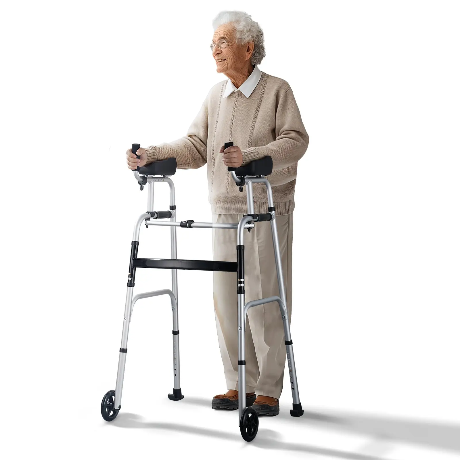 VEVOR 2 in 1 Folding Walker Removable Armrests, Height Adjustable Foldable Walker with 5 Solid Wheels, Lightweight Aluminum Front Wheeled Mobility Aid for Elderly Handicapped Disabled, 450 Pounds