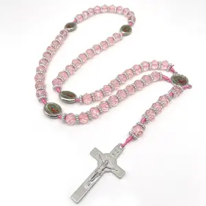 Crystal Beads Catholic Rosary Crucifix Necklace, Our Lady of Gudalupe (Pink) Collar Crucifijo Rosario Católico Cuentas de Nuestra senora de Gualdalupe (Rosado)