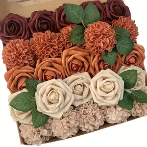 Red and Orange Artificial Flower 25-Piece Set - Champagne Hydrangea Combination Box for DIY Wedding Bouquets, Table Centerpieces, and Parties