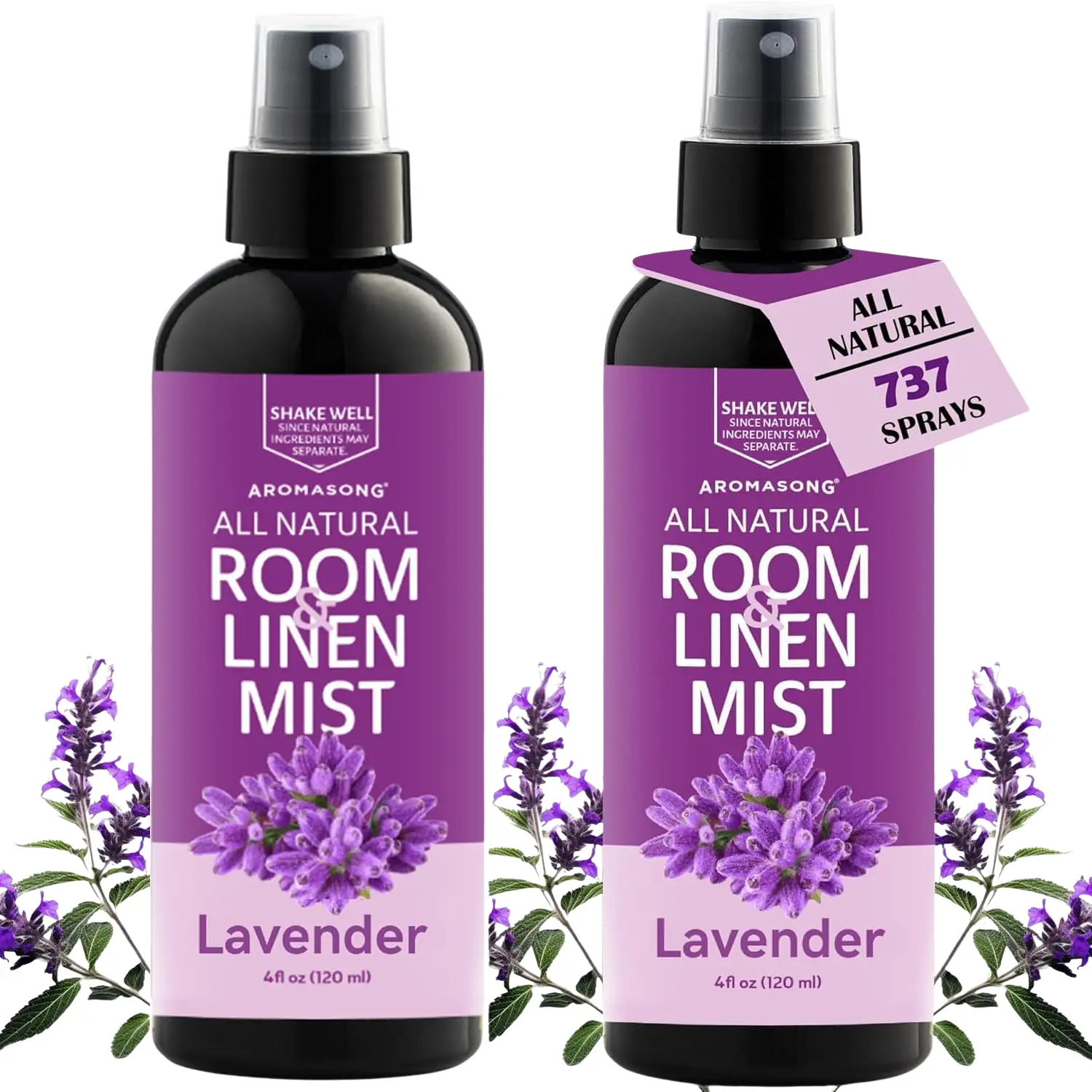 AROMASONG All Natural Lavender Scented Room Mist & Spray, 4 fl oz 2-Pack - Household Fragrance Linen Pillow Freshener, Aromatherapy Relaxation Aid, Stress Relief Gift for Birthdays, Friends and Family
