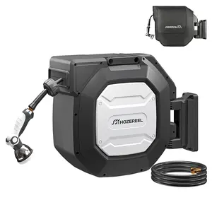 HOZEREEL 5/8" x 100 ft Heavy Duty Retractable Garden Hose Reel by HOZEREEL, Outdoor Garden Hose Reels - Self Retract Wall Mount Hose Reel Automatic Storage, Any Length Lock, 10 Pattern Nozzle