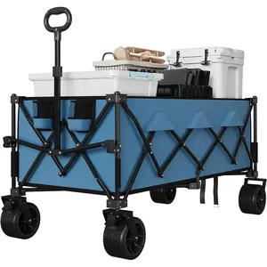 Blue Heavy Duty Utility Beach Wagon Cart, Collapsible Wagon Beach with All Terrain Wheels, Extra Long WagonCart Foldable with Cup Holders for Sand