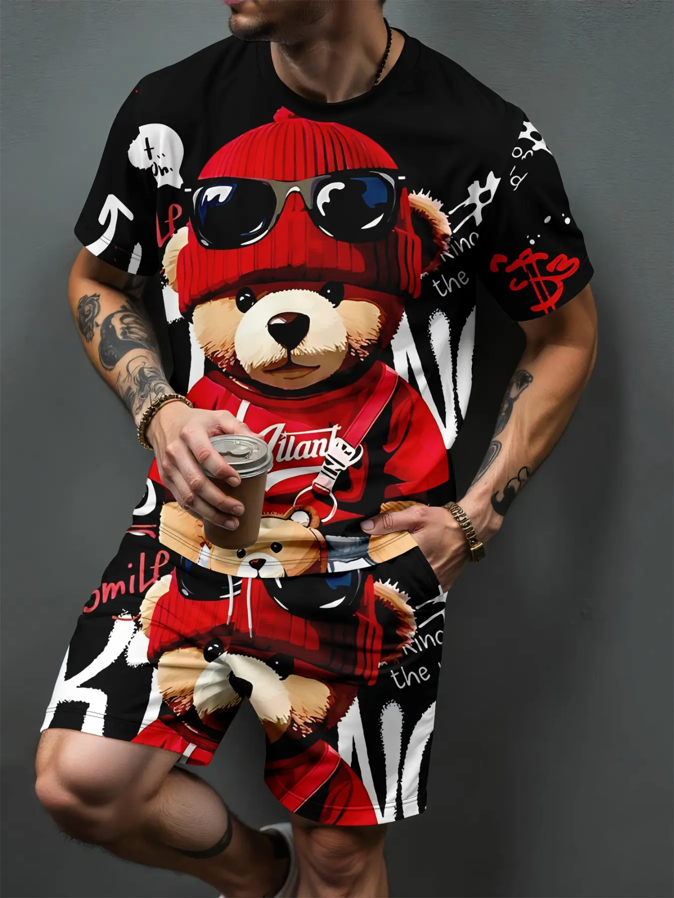 Men's Bear Print T-Shirt and Shorts Set, Casual Loose-Fitting Two-Piece, All-Season Fashion Wear, Trendy and Comfortable, Outfit, Menswear