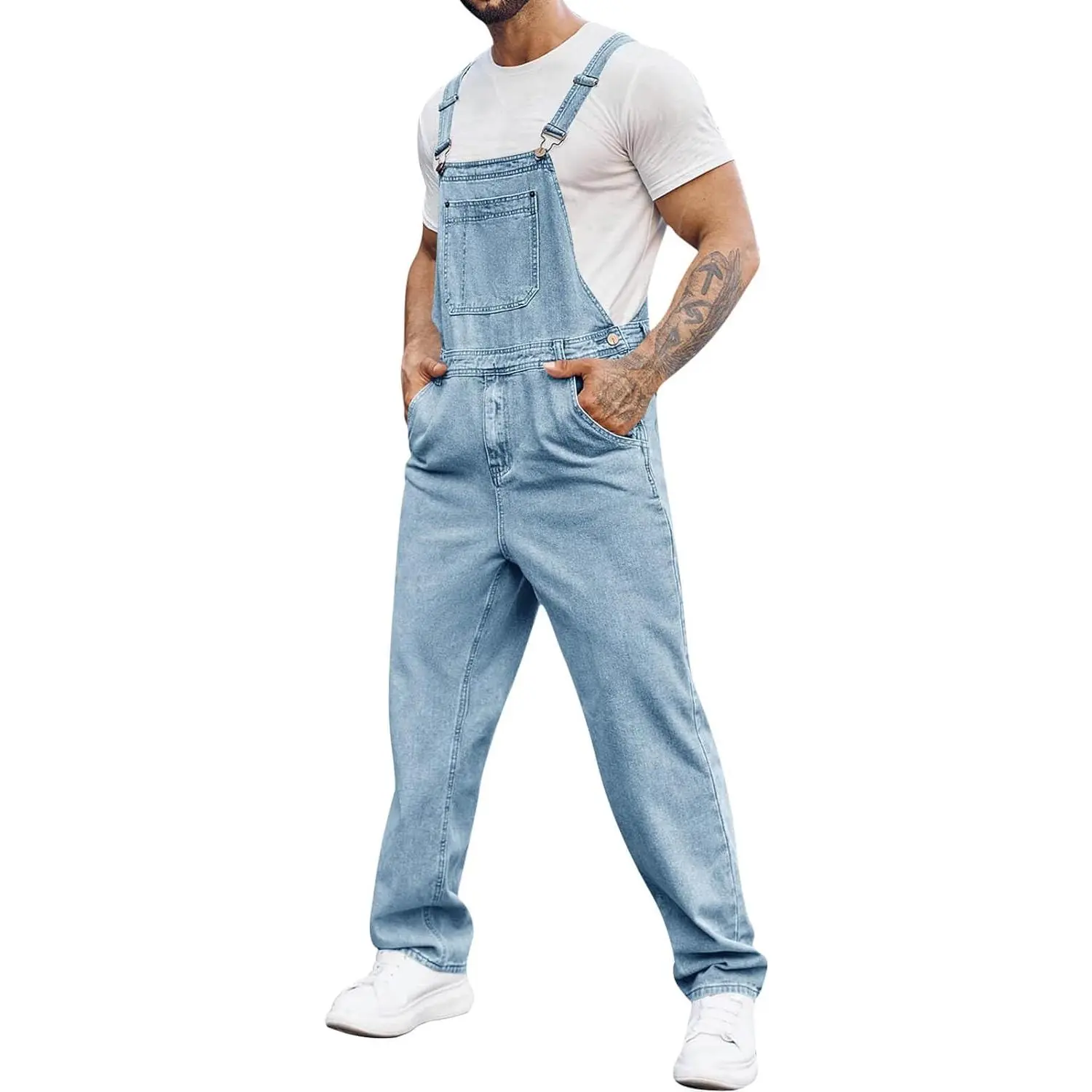 PASLTER Men's Casual Denim Bib Overalls - Slim Fit, Boot Cut Trousers, Adjustable Straps Jumpsuit