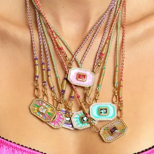Color Tarot Square Pink Oil Drip Zircon Fashion Niche Design Women's Necklace