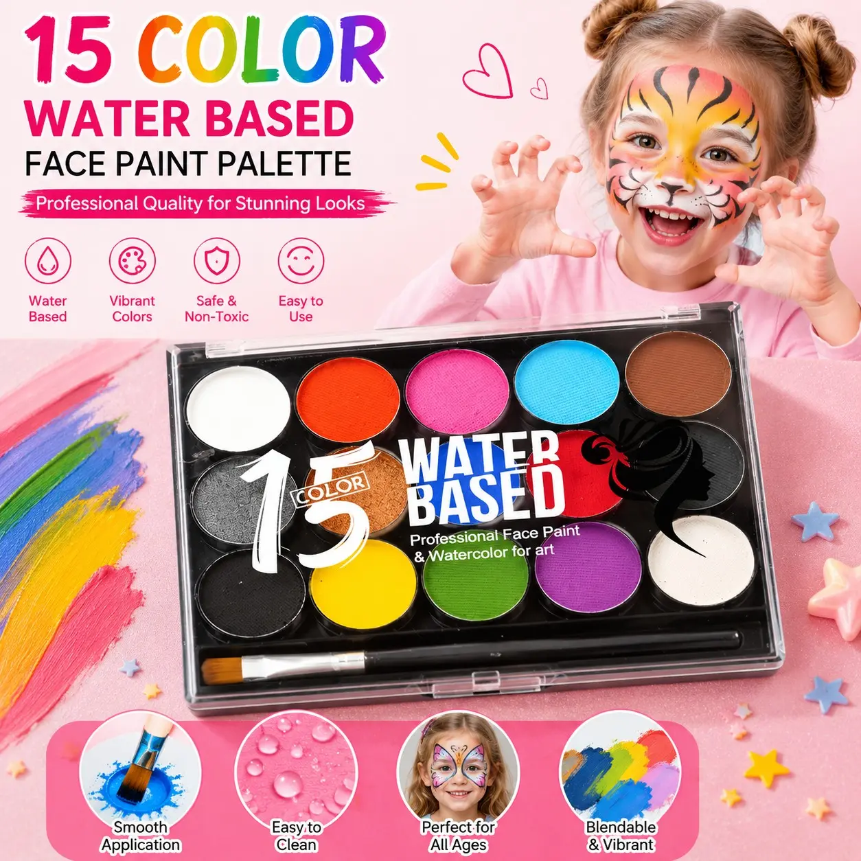15-Color Water-Soluble Body Paint Set, Kids Face and Body Coloring Kit, Perfect for Halloween and Christmas Makeup