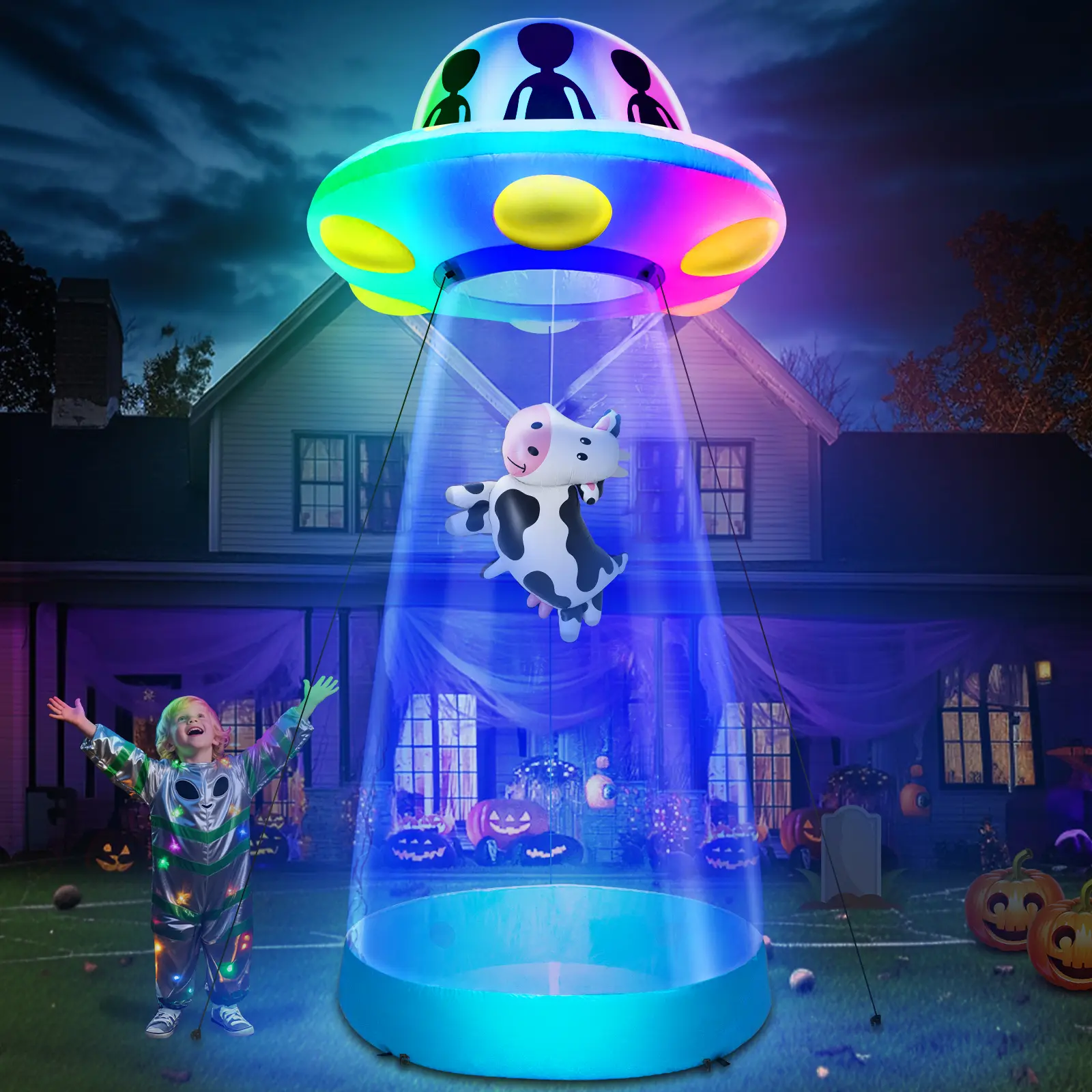 10 Ft Tall Halloween Inflatable UFO Cow Abduction with Build-in LEDs, Color Changing Light Blow Up UFO Halloween Decorations for Outdoor Yard Garden Lawn Holiday Party