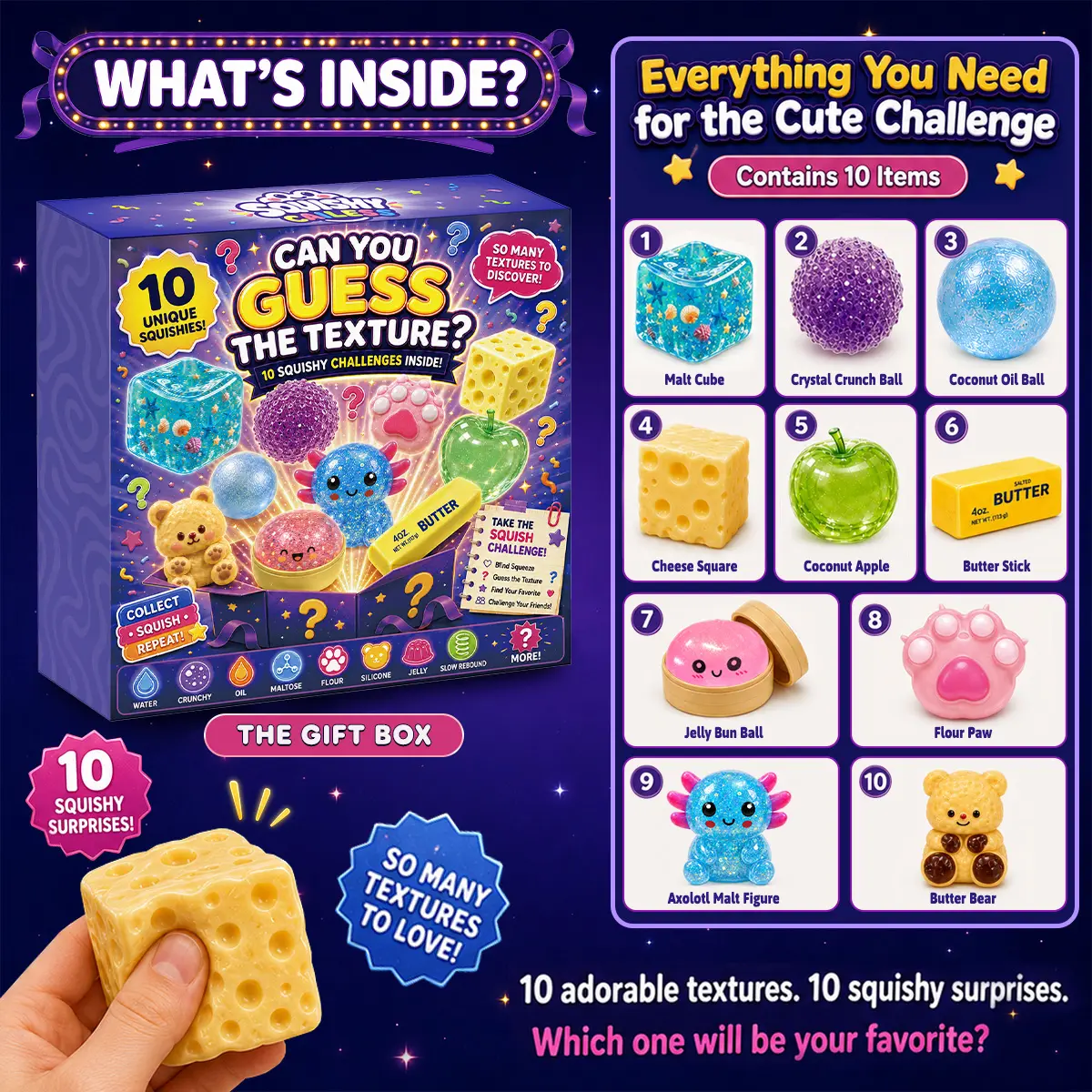 What's inside the 10 piece squishy set