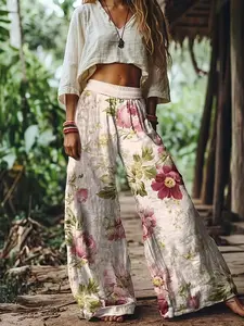 Women's Floral Print Casual Long Pants, Comfortable Breathable Fabric, Ideal for Vacation, Home, Daily Wear, Suitable for Spring, Summer, Fall